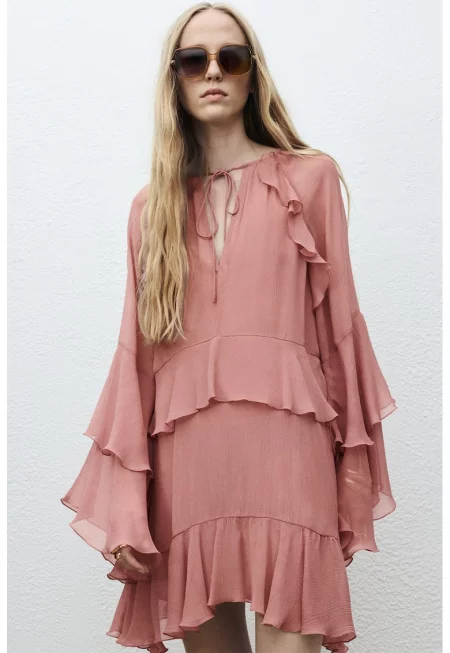 Стелеща се рокля с дипли - Пастелнорозов