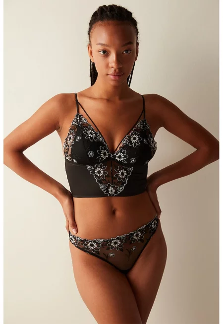 Сутиен с бродирани цветя - Черен