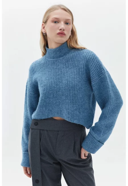 Свободен къс пуловер с паднали ръкави - Тъмносин