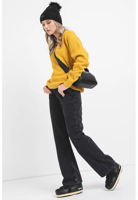 Свободен пуловер с овално деколте - Меланж жълто