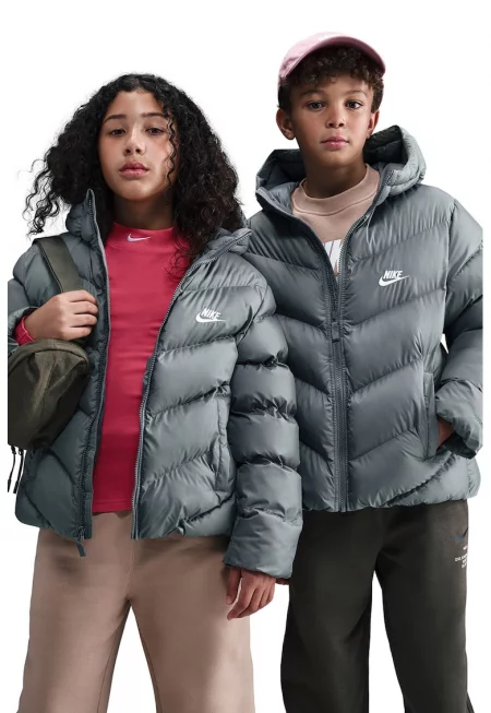 Свободно подплатено зимно яке с лого - Пепеляво сиво