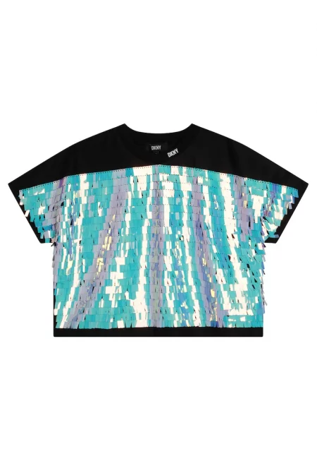 Тениска с паднали ръкави и пайети - Зелен/Черен/Крем