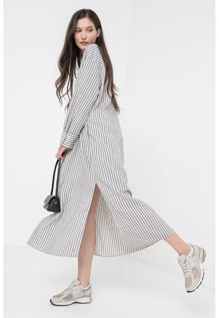 Уголоемена рокля-риза на райе - Черен/Пепеляво сиво