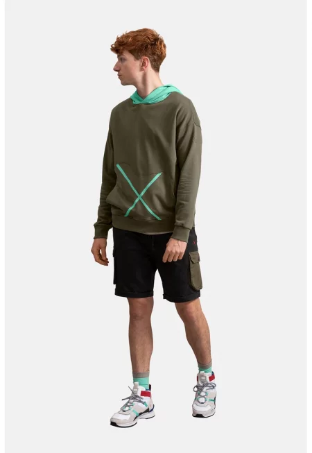 Унисекс худи с дизайн с цветен блок - Аквамарин синьо/Каки