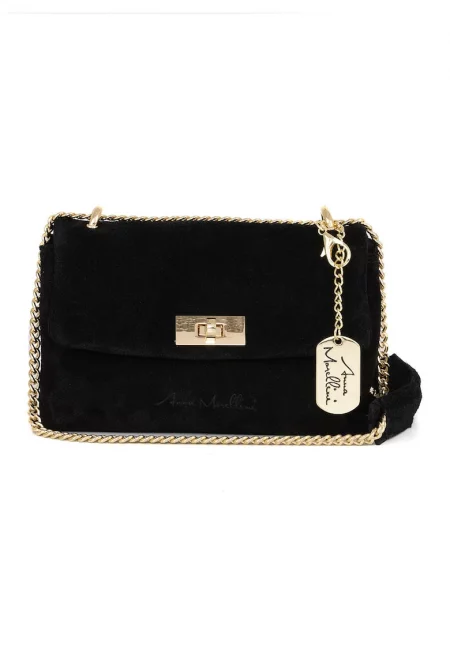 Велурена чанта през рамо с презрамка с верижка - Черен