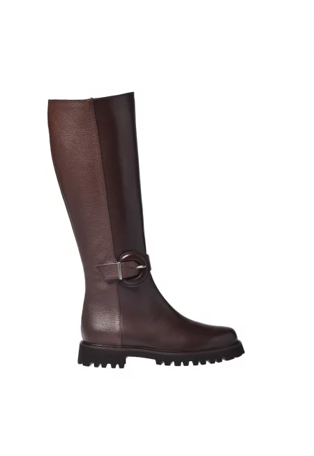 Високи кожени ботуши с декоративна каишка с тока - Тъмнокафяв