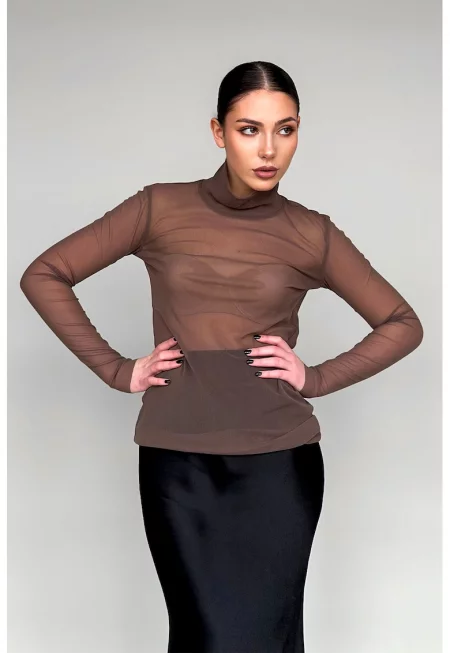 Вталена ефирна блуза с яка - Сиво-кафяв