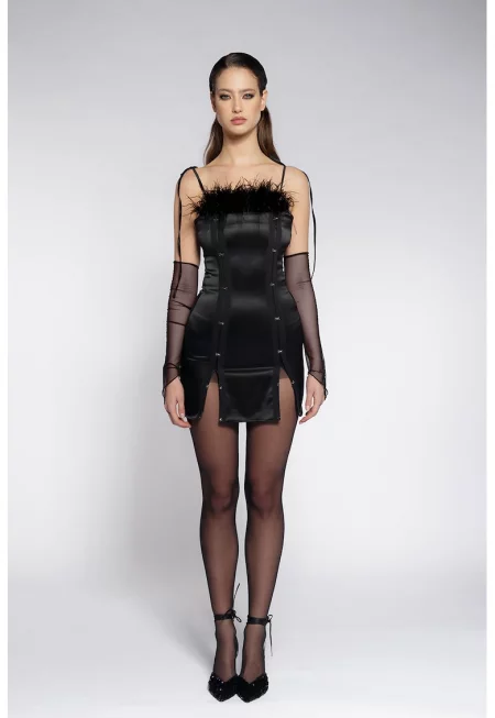 Вталена рокля с връзки на гърба - Черен