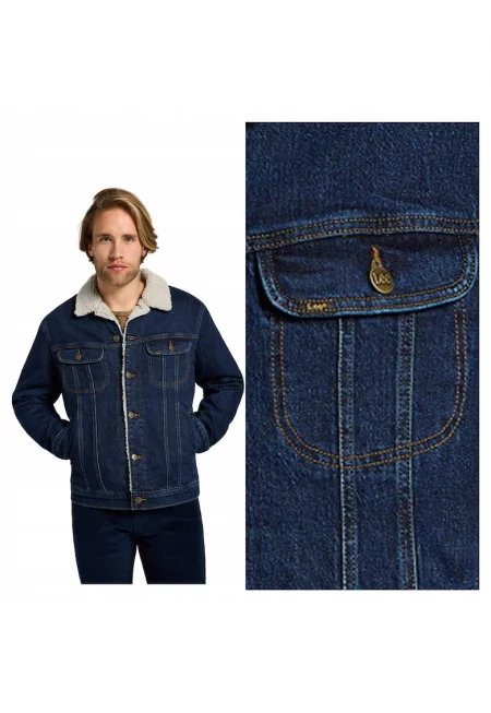 Яке за мъже -  Sherpa Jacket - Regular Fit - Класически дизайн - Дълги ръкави - 2 джоба - С цип - Памук - S INTL - Синьо