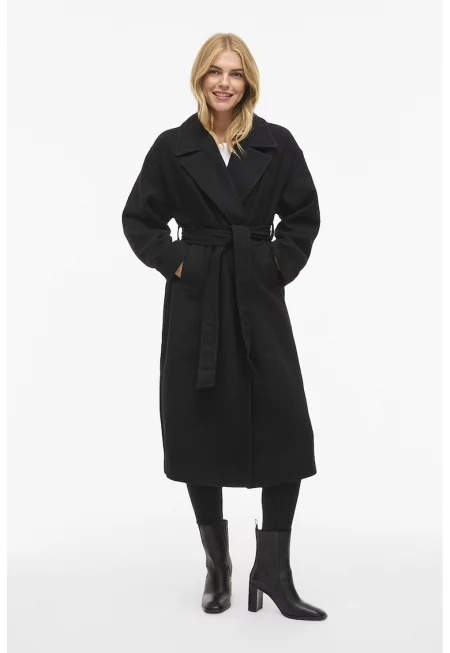 Застъпено палто с вълна - Черен