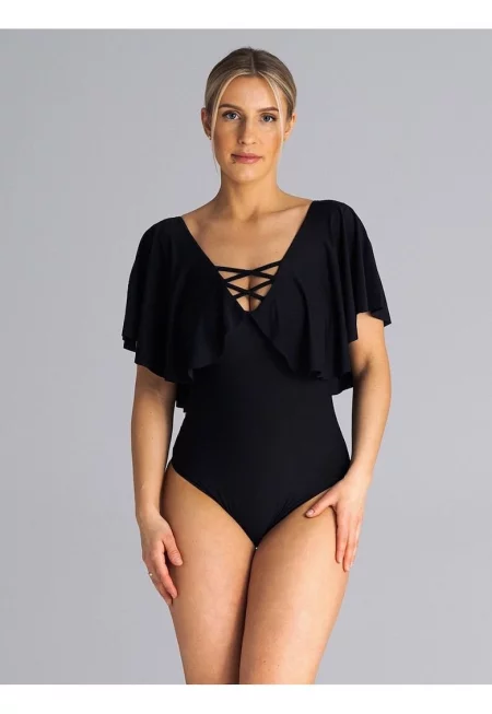 Боди  V-образно деколте - волани на раменете - черно - полиестер.