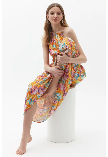 Дълга разкроена рокля с флорален десен - Многоцветен