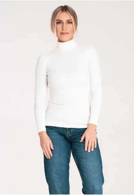 Дамска блуза с кръгло деколте -  Памук/Еластан - Бял