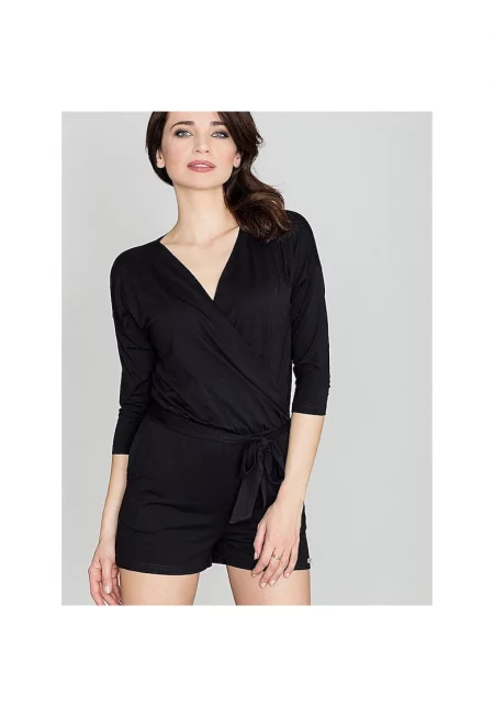 Дамски гащеризон - Ленитиф - 3/4 ръкав - V-образно деколте - черен - вискоза