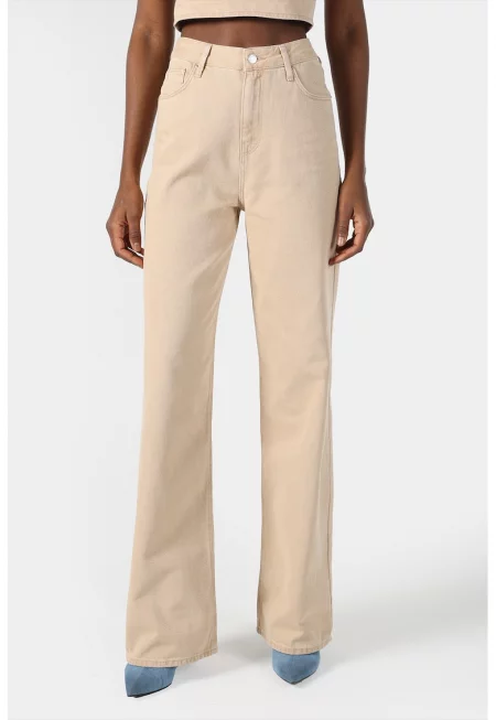 Дънки с широк крачол и висока талия - Бежов