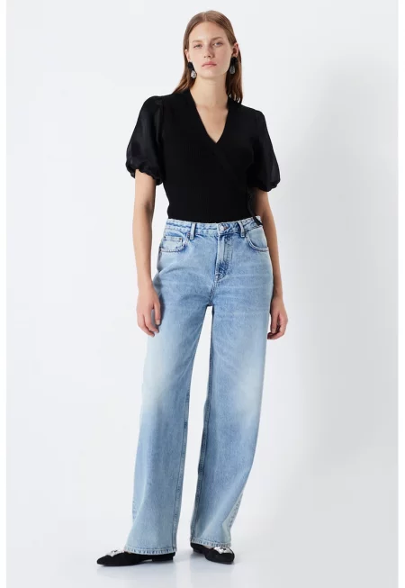 Дънки с широк крачол и висока талия - Светлосин