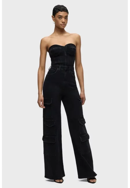 Дънков гащеризон без ръкави - Черен