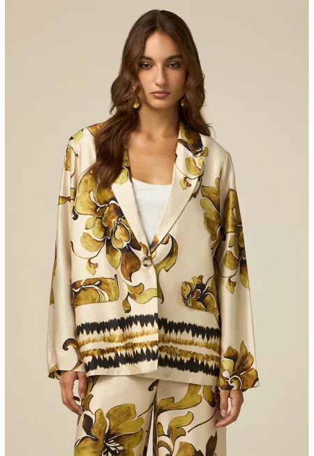 Флорално сако с джобове с капаче - Каки/Крем