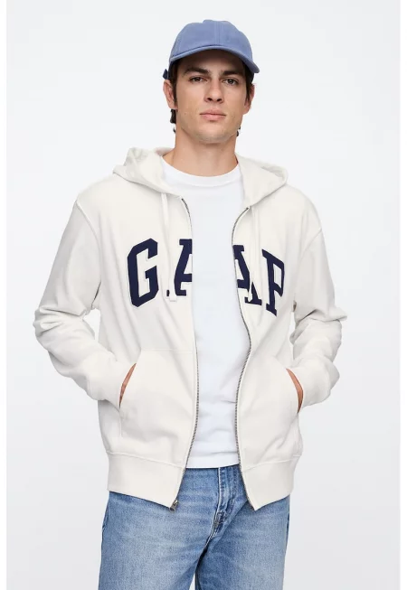 Худи с цип и лого - Мръснобял