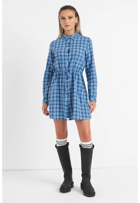 Карирана рокля Nicola с лен и памук - Кралско Синьо/Бял