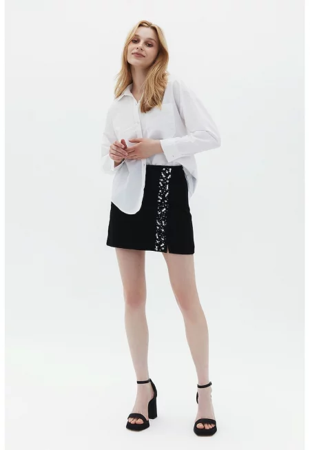 Къса пола с декоративни камъни - Черен