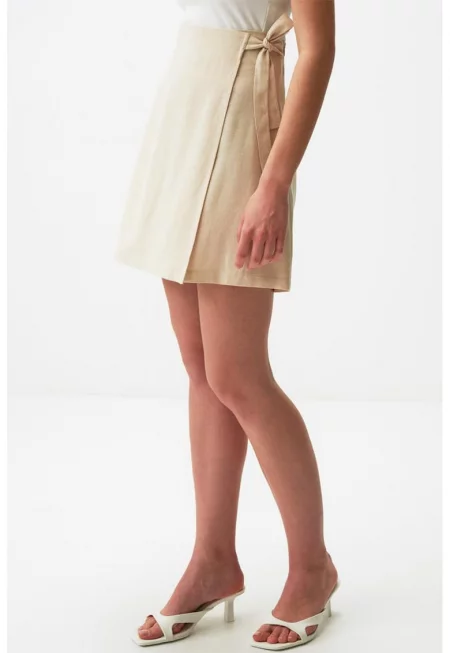 Къса пола с лен с висока талия - Светло бежово