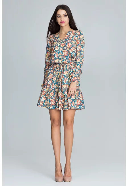Къса рокля  с флорални мотиви - многоцветна - с дълги ръкави - полиестер и еластан