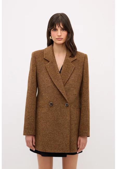 Късо палто с раздвоен ревер - Кафяв меланж