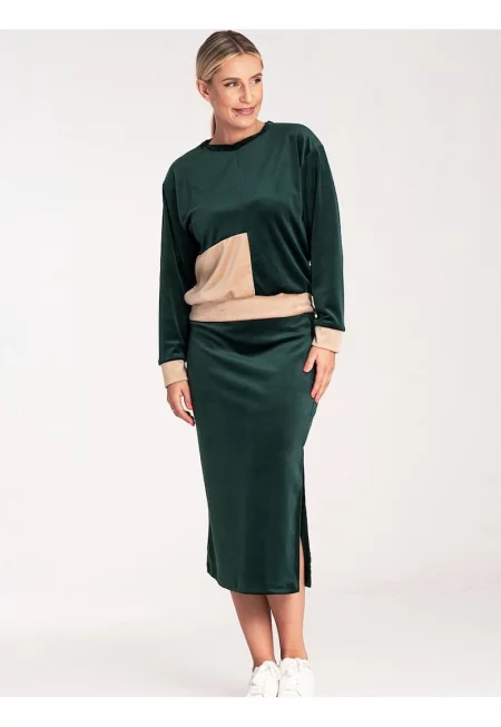 Комплект велур  блуза с дълъг ръкав и пола молив - зелен - полиестер
