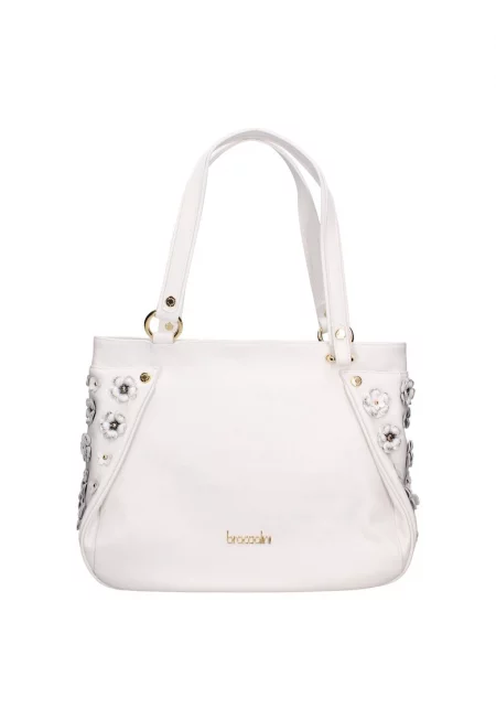 Кожена чанта през рамо с флорални апликации - Бял