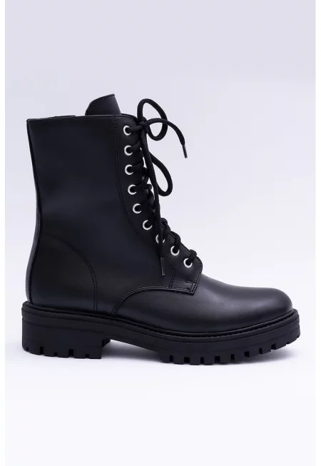 Кожени боти с масивен ток и пухена подплата - Черен