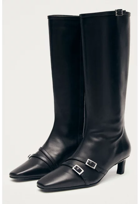 Кожени ботуши с тока - Черен