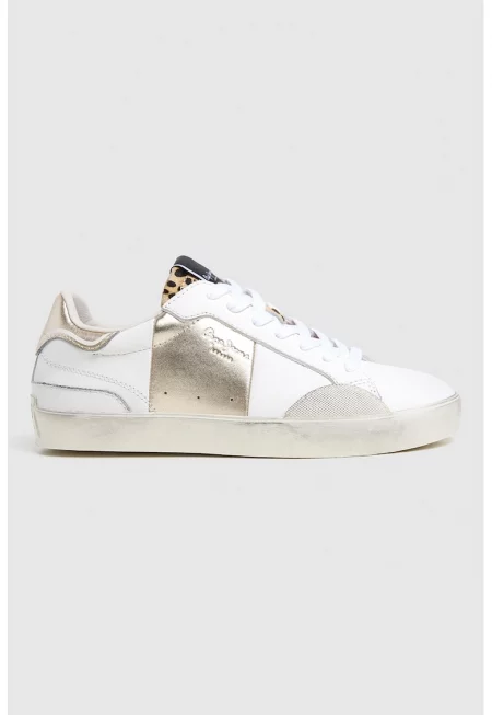Кожени спортни обувки с лого - Златист/Светло сив/Мръснобял