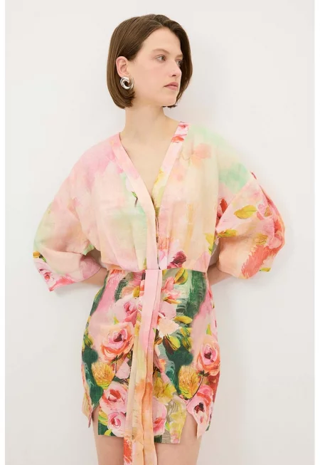 Ленена рокля с цепка встрани - Зелен/Праскова