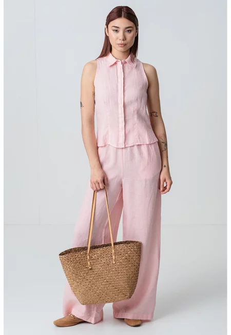 Ленена тениска с копчета - Светлорозов