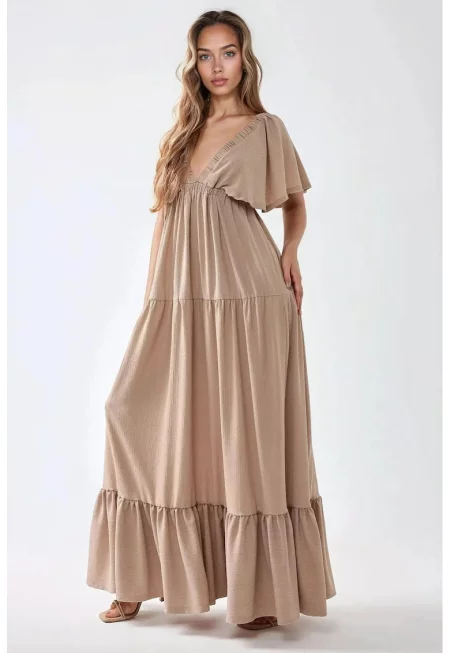 Макси рокля -  текстурирана - V-образно деколте - кафява - текстил