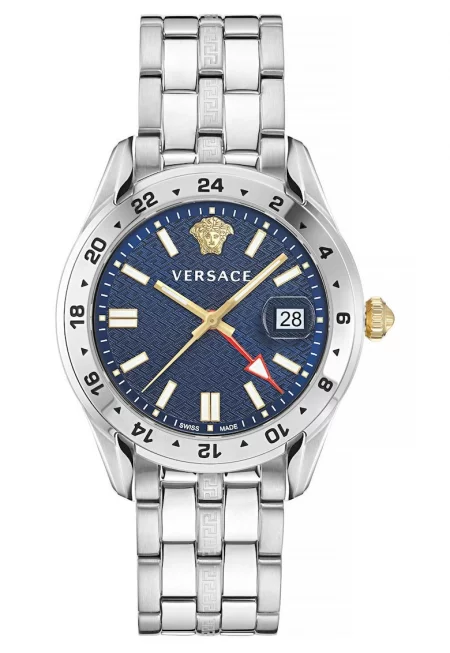 Мъжки часовник  кварцов механизъм Ronda 515.24D GMT - сребърна верижка - син циферблат - 5 ATM