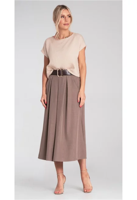 Миди пола  кафява - висока талия - декоративен колан - разкроена - с джобове - размер SM