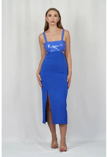 Миди рокля - изрязана отстрани с топ от имитация на кожа - Син