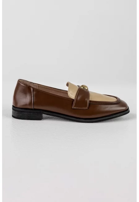 Мокасини от еко кожа с метален детайл - Златист/Тъмнокафяв