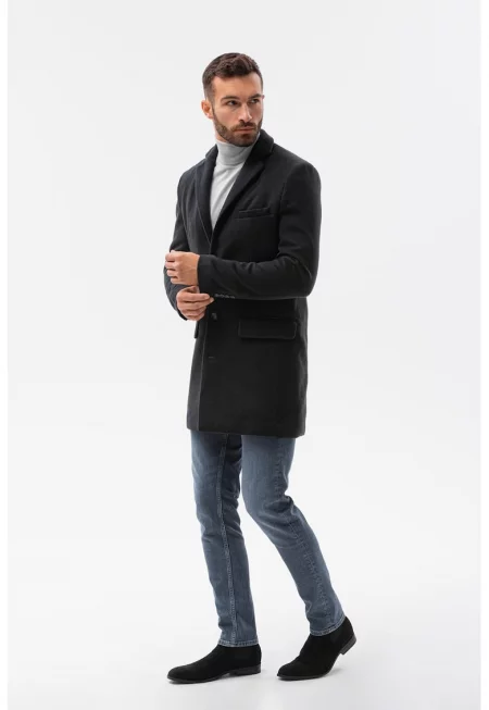 Палто с раздвоен ревер и джобове - Черен