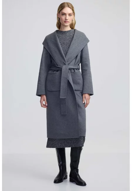 Палто с вълна с колан - Сив меланж
