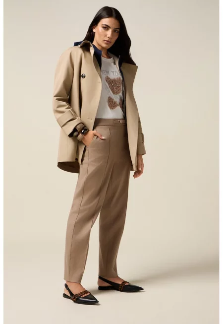 Панталон с лиосел с метално лого на талията - Светлокафяв