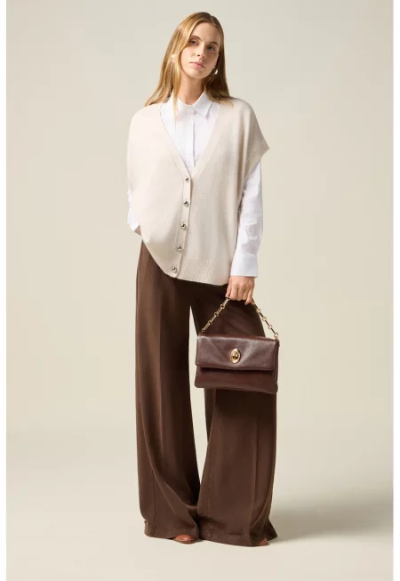 Панталон с широк крачол и висока талия - Тъмнокафяв