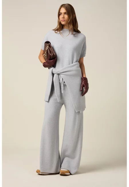 Панталон с широк крачол и връзка - Светло сив