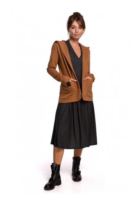 Плетен блейзер - С качулка - Памук - Еластан - Карамел