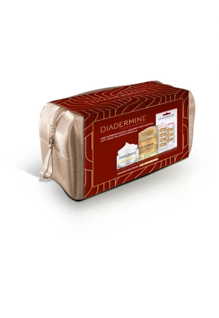 Подаръчен пакет с дневен крем за лице против бръчки  Age Supreme и капсули в козметична чантичка