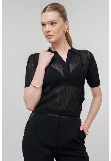 Полупрозрачна тениска Torbole с яка и рипс - Черен