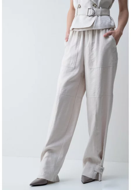 Прав панталон с висока талия - Светло бежово