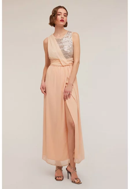 Права дълга рокля с пайети - Златист/Бледооранжев